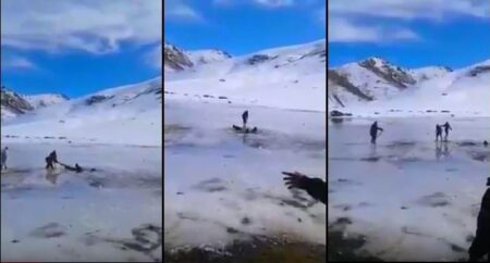 +فيديو مؤثر:بحيرة جليدية تبتلع شاباً رغم مساعي أصدقائه لإنقاذه من الموت