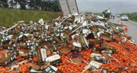 عااجل:حادثة سير خطيرة تنتهي بتشتيت الطماطم بطريق أكادير