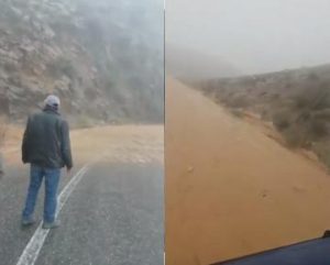 شاهد كيف حاول شخص المرور وسط واد غمرت مياهه طريقا بشكل مفاجئ ضواحي تافراوت.