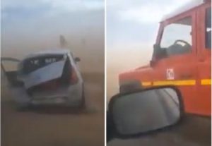 الزوابع الرملية المفاجئة التي شهدها الطريق السيار الرابط بين أكادير و مراكش تتسبب في حادثة سير خطيرة.(فيديو)