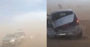 +صور: زوابع رملية تتسبب في انقلاب هوليودي لأستاذ و سيارته في واد في الطريق السيار بين أكادير و مراكش.