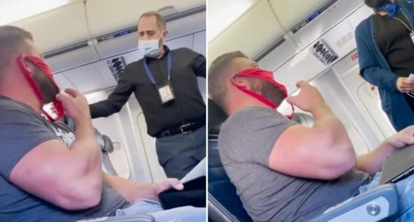 بالفيديو: مصير المسافر الذي وضع لباسا نسائيا داخليا على وجهه بدلا من الكمامة.