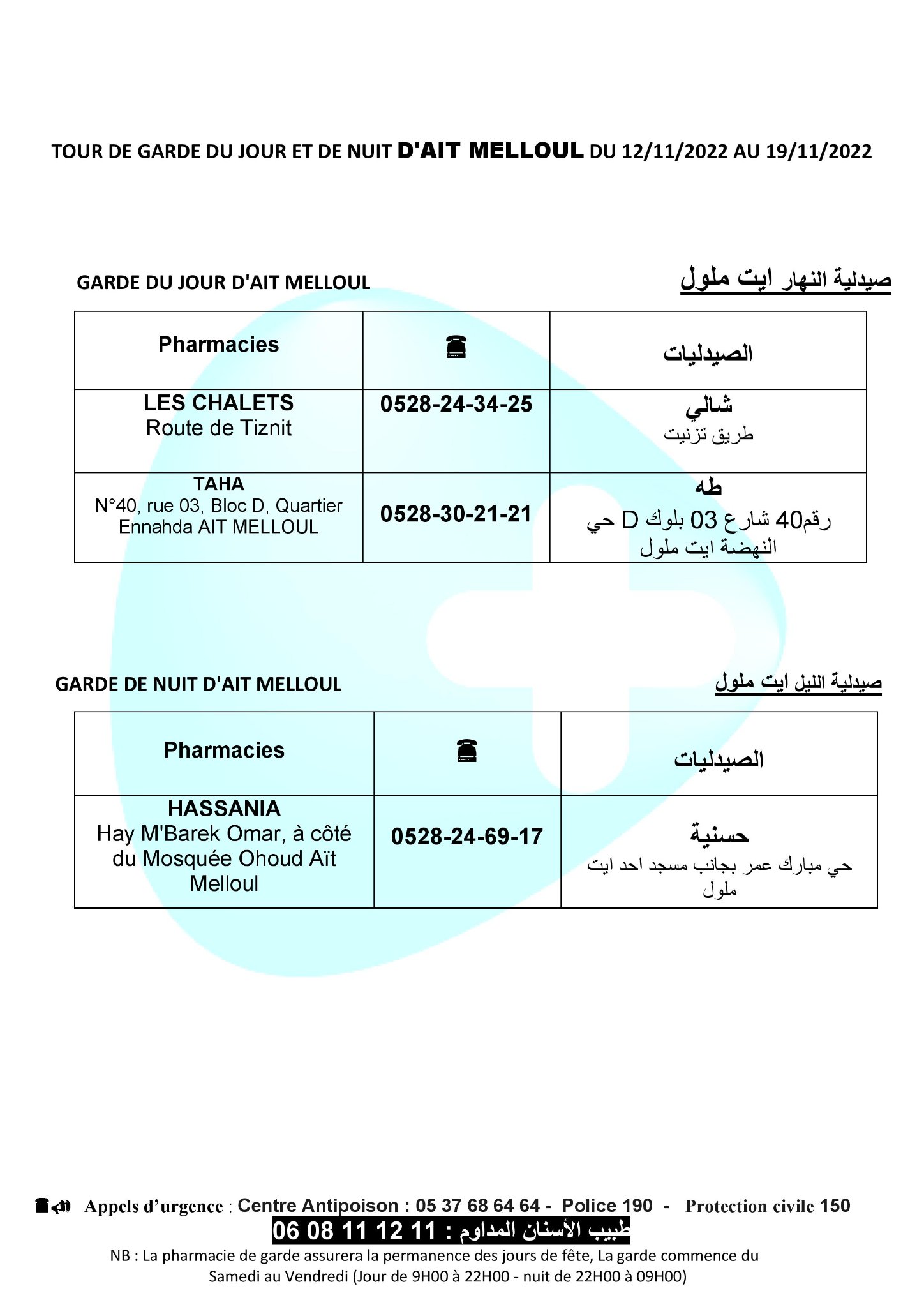 هذه هي لائحة صيدليات الحراسة، بأكادير، إنزكان، أيت ملول و تكوين ، من السبت 12نونبر 2022 الى السبت19نونبر 2022 4 F4