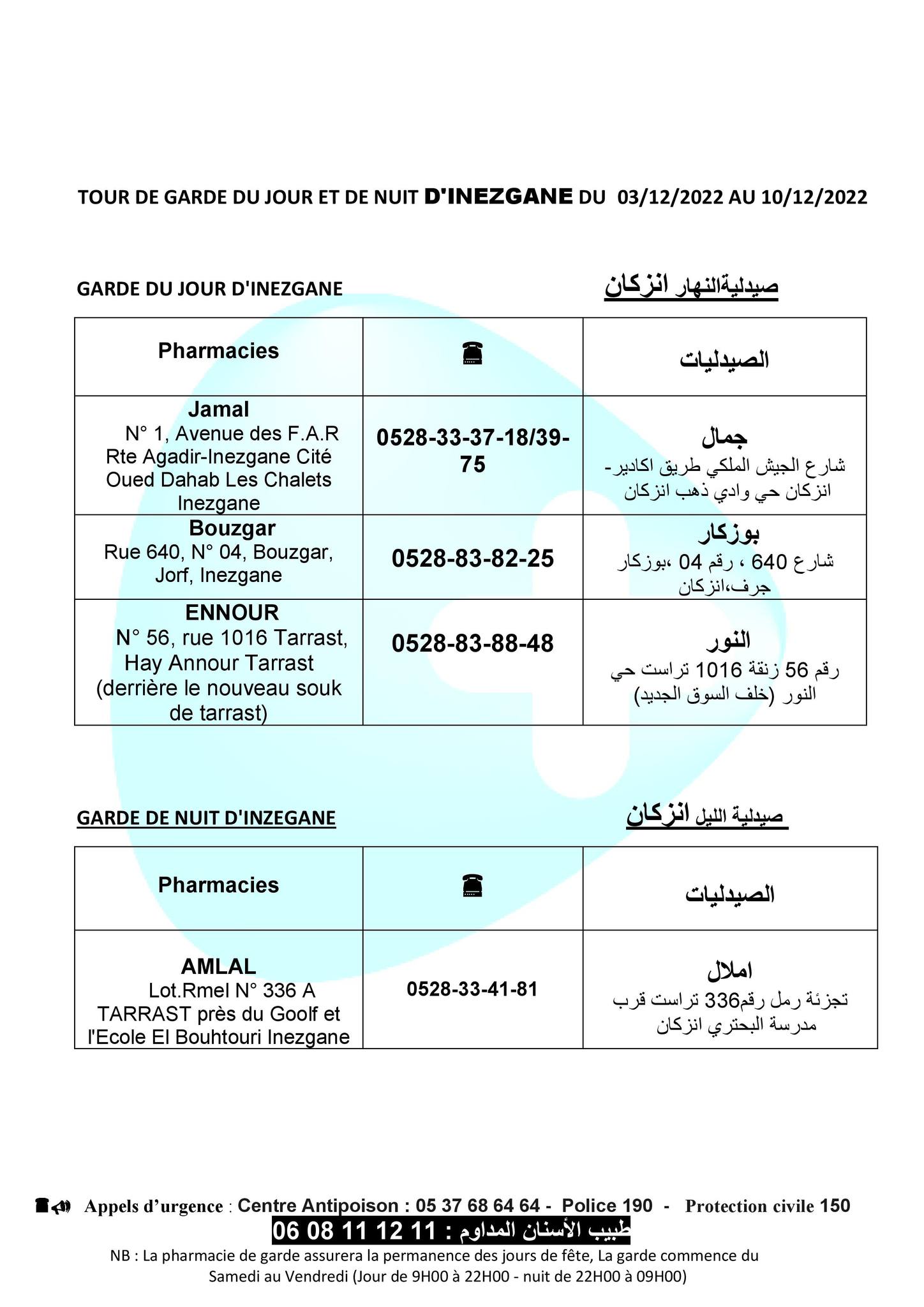 لائحة صيدليات الحراسة، بأكادير، إنزكان، أيت ملول و تكوين، من السبت 03 دجنبر2022 الى السبت10 دجنبر 2022 3 PHA4