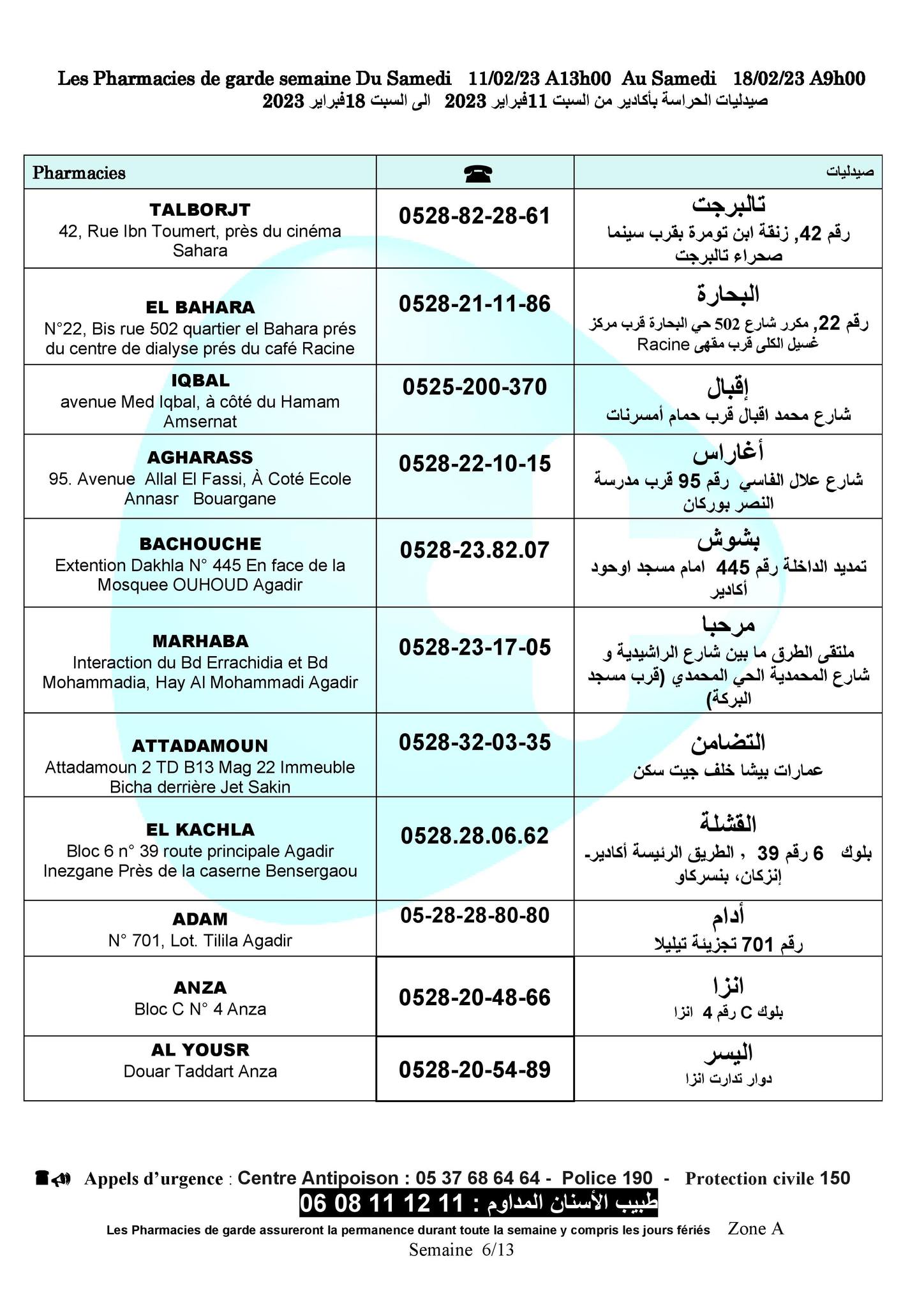 صيدليات الحراسة بأكادير، إنزكان، تكوين و أيت ملول من السبت11 إلى السبت18 فبراير 2023 2 أكادير 1