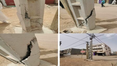 اشتوكة (+ صور) : عمود كهربائي آيل للسقوط يهدد حياة المواطنين، وسط تحذيرات من كارثة قد يتسبب فيها