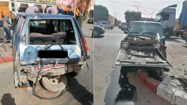 صورة لحادث اصطدام بين سيارة خفيفة وشاحنة في مركز أربعاء أيت بوالطيب – اشتوكة آيت باها
