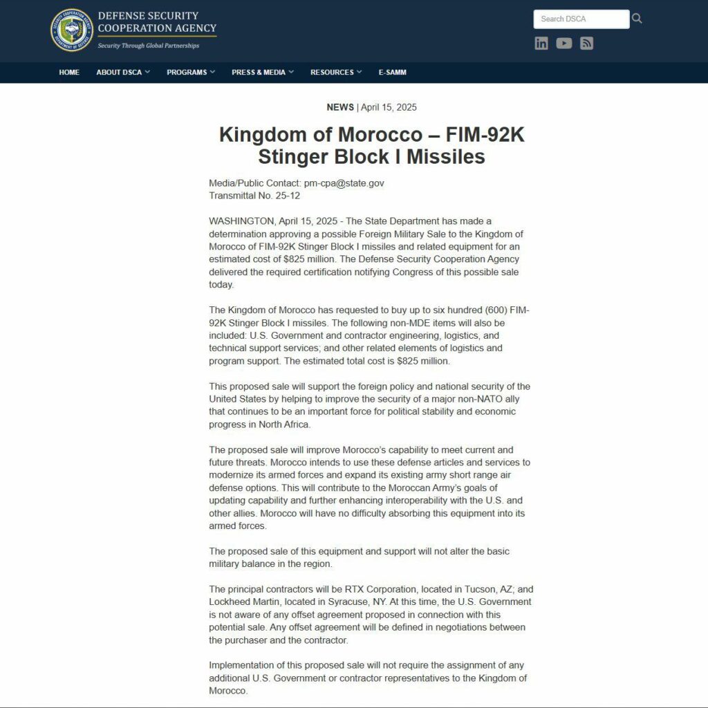 الولايات المتحدة توافق على بيع صواريخ "ستينغر" للمغرب بقيمة 825 مليون دولار (+وثيقة) 2 490801911 10237013663459723 7616214739408670588 n
