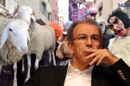 صورة مركبة لأحمد عصيد وخلفه أضاحٍ ومشاركون في بوجلود ضمن نقاش حول الموروث الشعبي