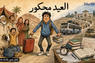 كاريكاتور يظهر طالبا حائرا بين طريق العائلة وأجواء عيد الأضحى من جهة، وطريق الجامعة والامتحانات والكتب من جهة أخرى، في تعبير ساخر عن معاناة طلبة سوس ماسة.