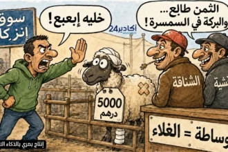 كاريكاتير ساخر يصور مواطنا يرفض شراء أضحية مرتفعة الثمن في سوق إنزكان احتجاجا على الغلاء والوسطاء.