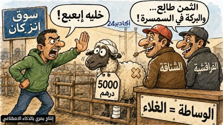 كاريكاتير ساخر يصور مواطنا يرفض شراء أضحية مرتفعة الثمن في سوق إنزكان احتجاجا على الغلاء والوسطاء.