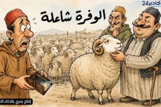 كاريكاتور ساخر يظهر مواطنا بجيوب شبه فارغة أمام قطيع وفير من الأغنام، بينما يتحكم الشناقة في الأسعار مع اقتراب عيد الأضحى.