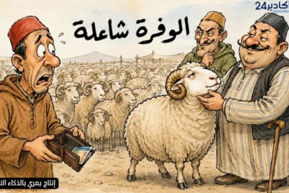 كاريكاتور ساخر يظهر مواطنا بجيوب شبه فارغة أمام قطيع وفير من الأغنام، بينما يتحكم الشناقة في الأسعار مع اقتراب عيد الأضحى.
