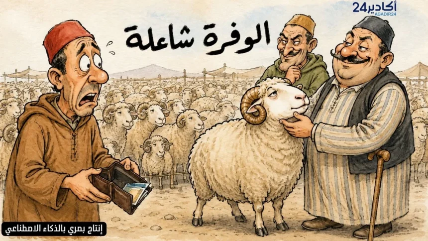 كاريكاتور ساخر يظهر مواطنا بجيوب شبه فارغة أمام قطيع وفير من الأغنام، بينما يتحكم الشناقة في الأسعار مع اقتراب عيد الأضحى.