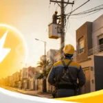 عامل صيانة كهربائية يتفقد شبكة الكهرباء بحي سكني خلال أشغال تقنية
