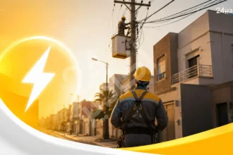 عامل صيانة كهربائية يتفقد شبكة الكهرباء بحي سكني خلال أشغال تقنية