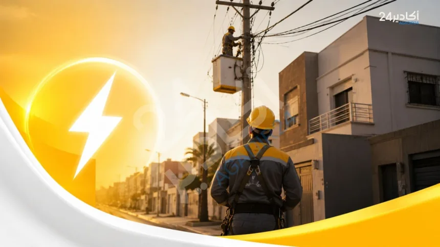 عامل صيانة كهربائية يتفقد شبكة الكهرباء بحي سكني خلال أشغال تقنية