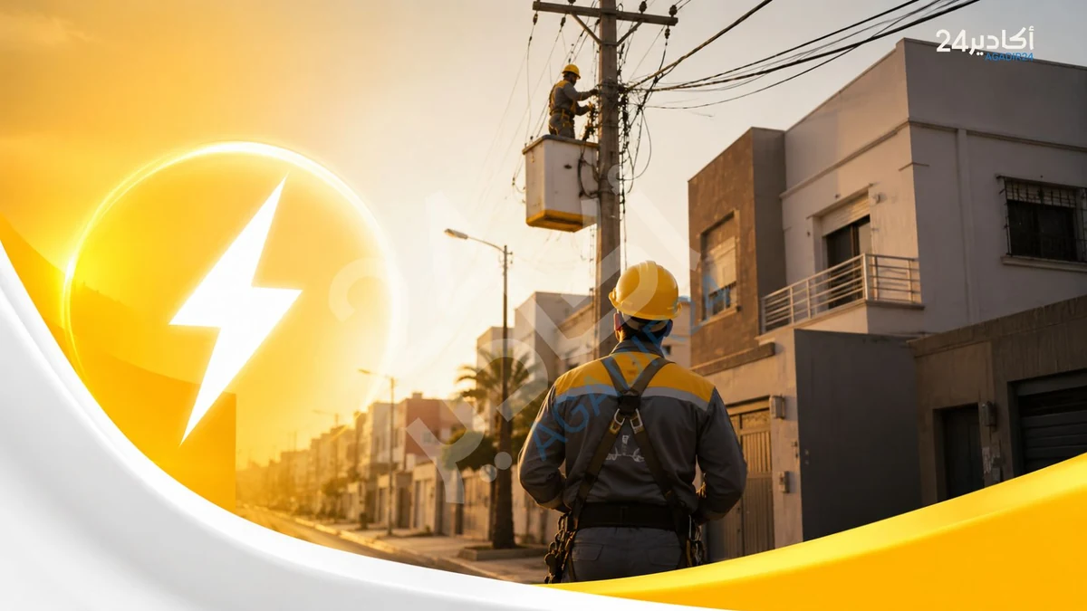 عامل صيانة كهربائية يتفقد شبكة الكهرباء بحي سكني خلال أشغال تقنية