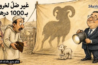 كاريكاتير ساخر يصور خروفا صغيرا بثمن 1000 درهم وظلا كبيرا يعكس الفجوة بين التصريحات وواقع سوق الأضاحي.