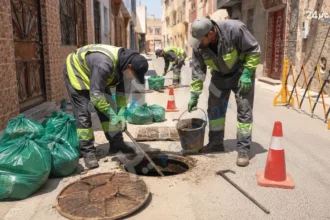 فرق تقنية تشتغل على صيانة شبكة التطهير السائل داخل حي سكني بإنزكان آيت ملول