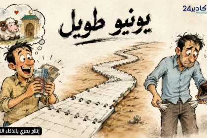 كاريكاتور ساخر عن تسبيق أجور ماي قبل عيد الأضحى، وكيف تتحول فرحة الراتب إلى قلق مع بداية يونيو وطول أيامه على جيوب المواطنين.