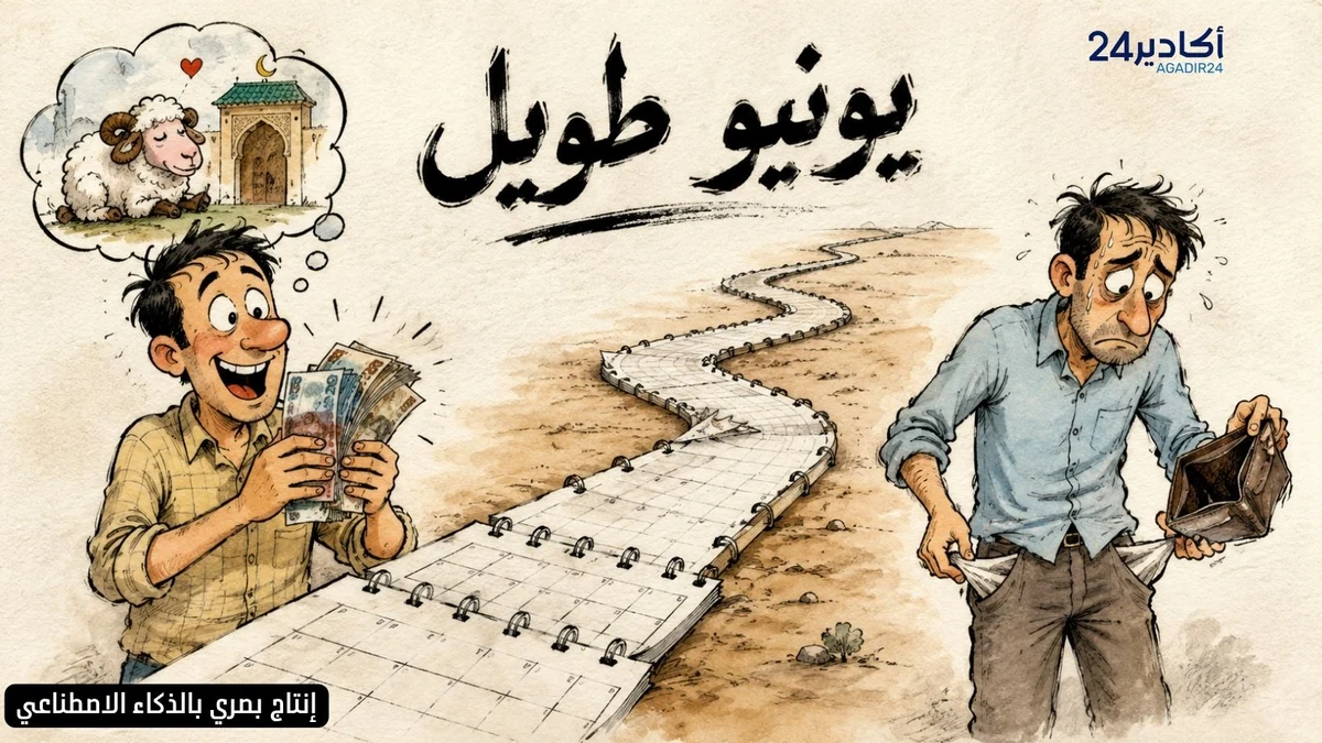 كاريكاتور ساخر عن تسبيق أجور ماي قبل عيد الأضحى، وكيف تتحول فرحة الراتب إلى قلق مع بداية يونيو وطول أيامه على جيوب المواطنين.