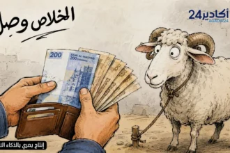 كاريكاتير ساخر يظهر موظفا يعد أوراقا نقدية أمام خروف عيد الأضحى في إشارة إلى تزامن صرف الأجور مع ضغط أسعار الأضاحي.