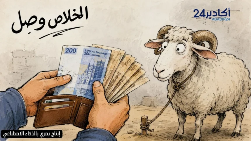 كاريكاتير ساخر يظهر موظفا يعد أوراقا نقدية أمام خروف عيد الأضحى في إشارة إلى تزامن صرف الأجور مع ضغط أسعار الأضاحي.